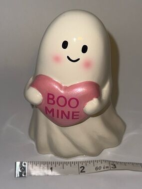 White Ghost Figurine Holding Pink 'Boo Mine' Heart